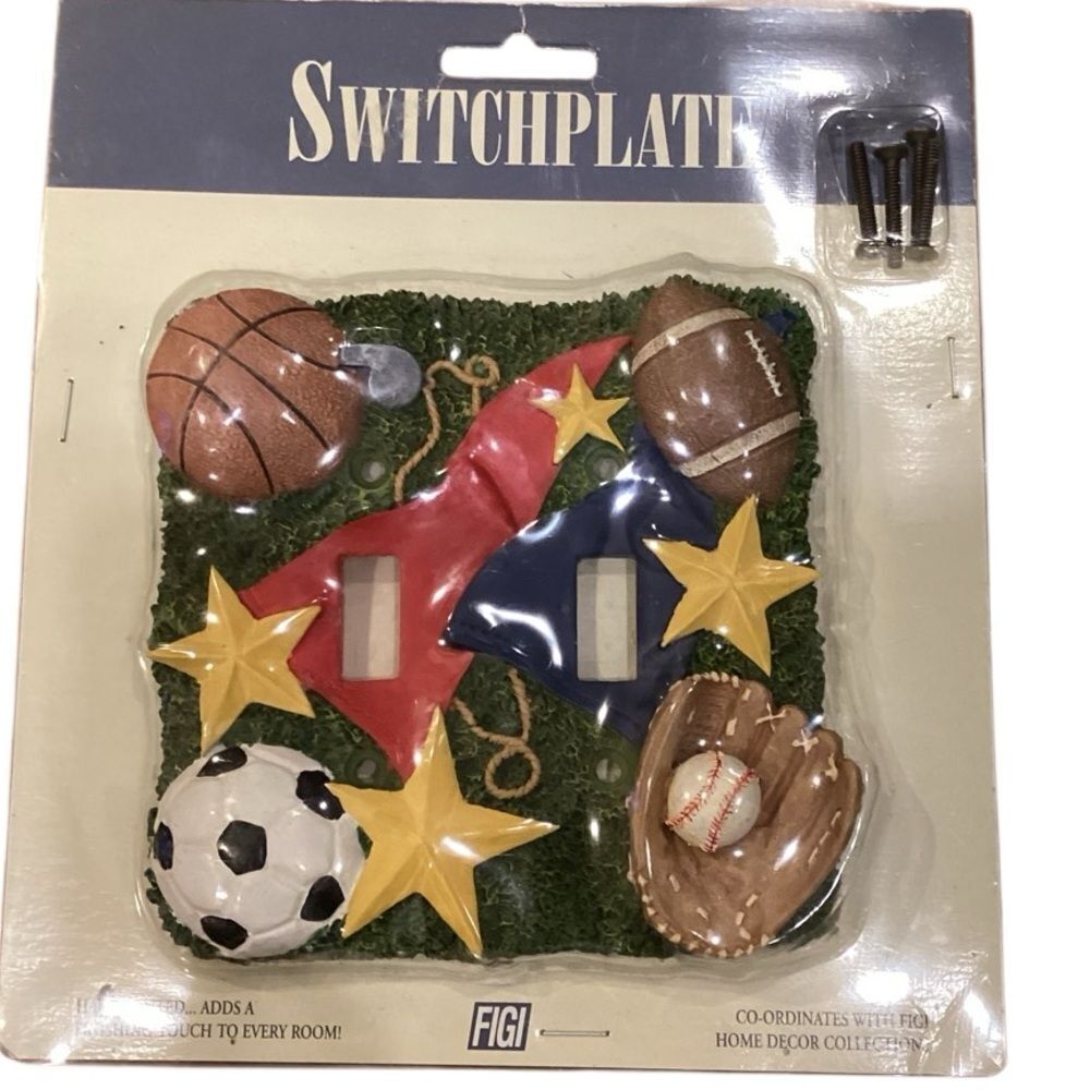 Figi All Star Sports Double Wall Switch Plate Cover Handpainted NIB Vintage 3D